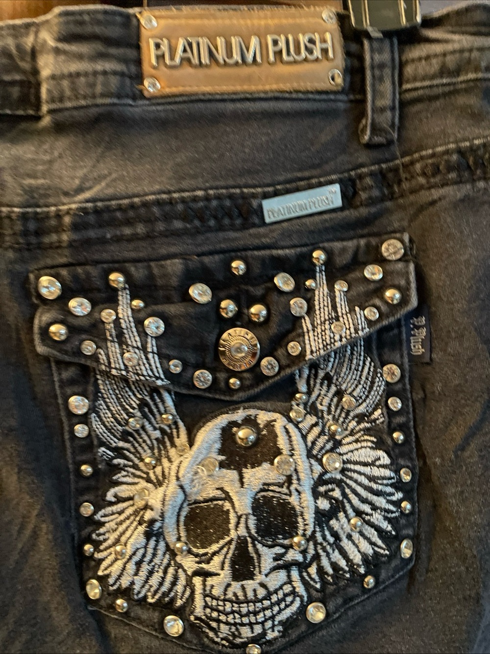 Platinum Plush Skull & Wings Rhinestone Denim Boot Cut Black Jeans Women's 17